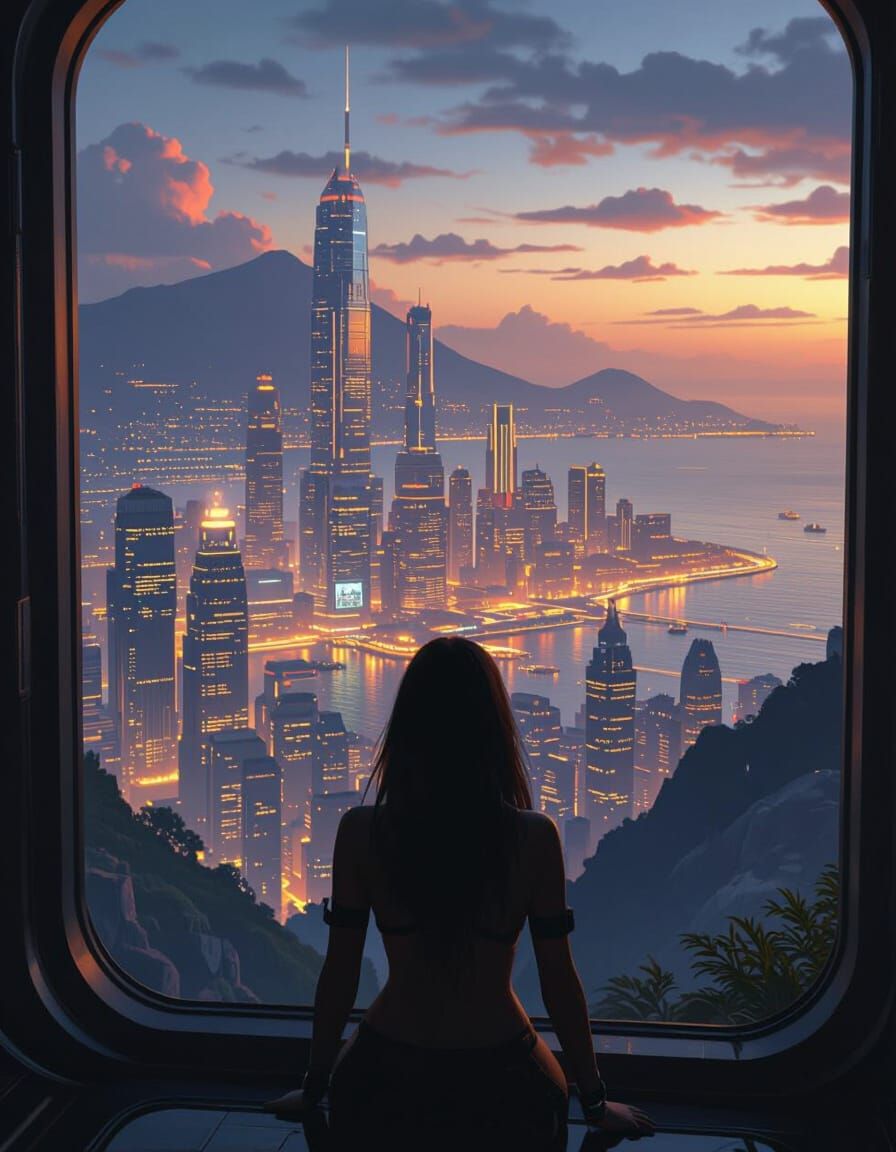 Cyberpunk Cityscape at Night, Golden Glow