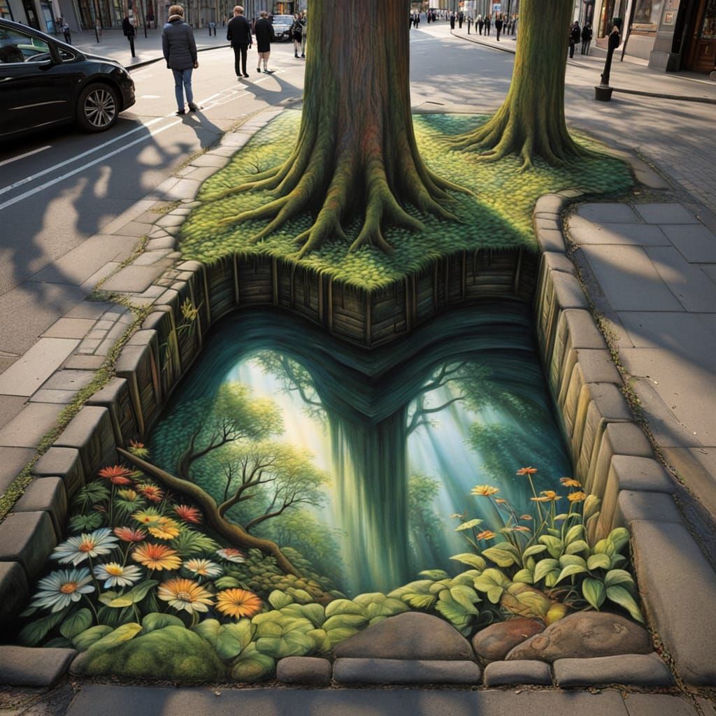 Hyperrealistic 3D Pavement Art of a Mysterious Forest Abyss