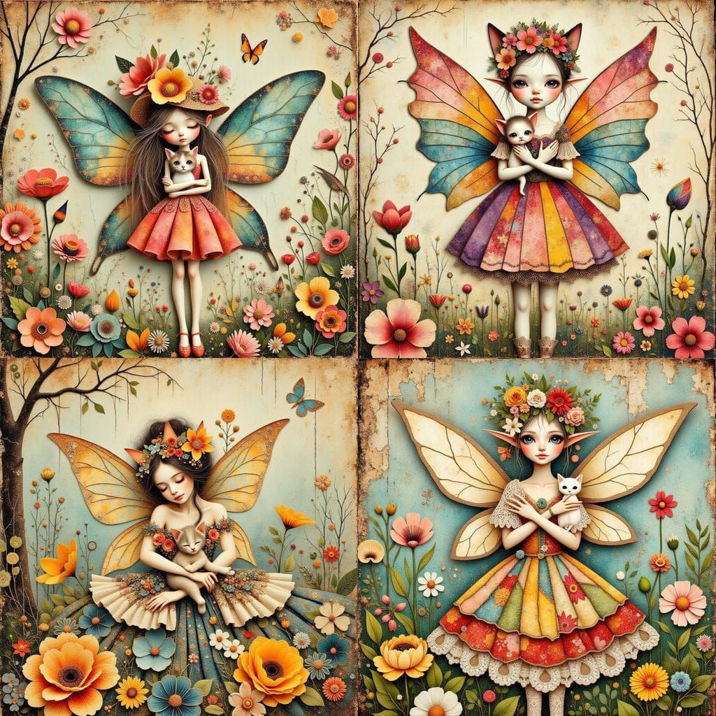 Fairy Mountain Lion Hugs Kitten in Whimsical Collage