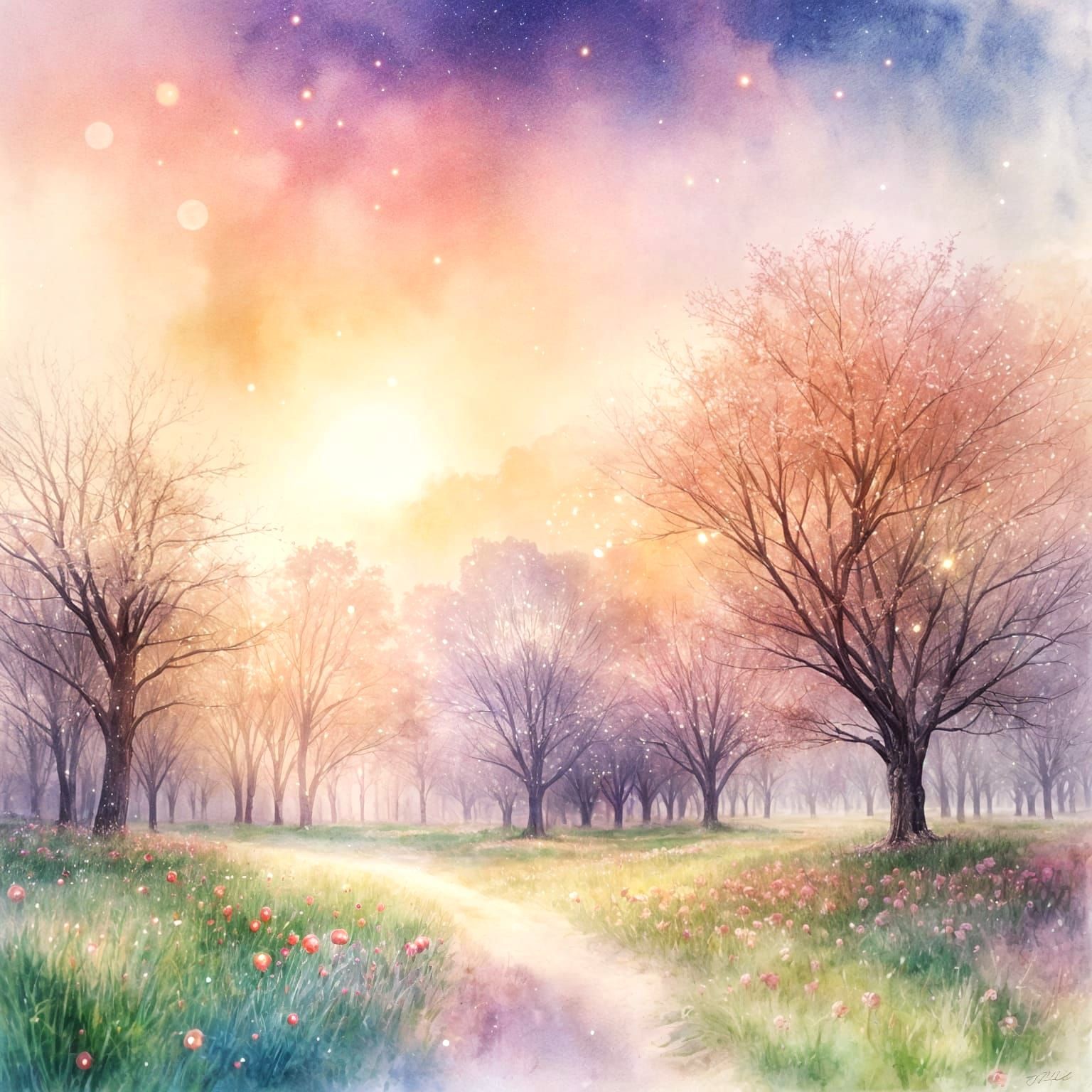 Dreamy Watercolor Scene of Mystical Apple Orchard at Sunset