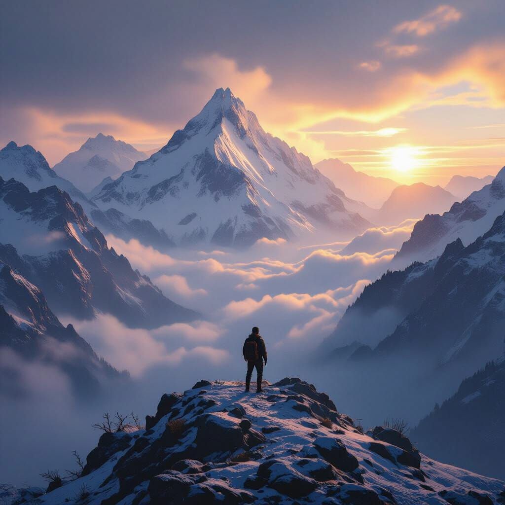Explorer Gazes at Misty Valley in Dramatic Sunset Light