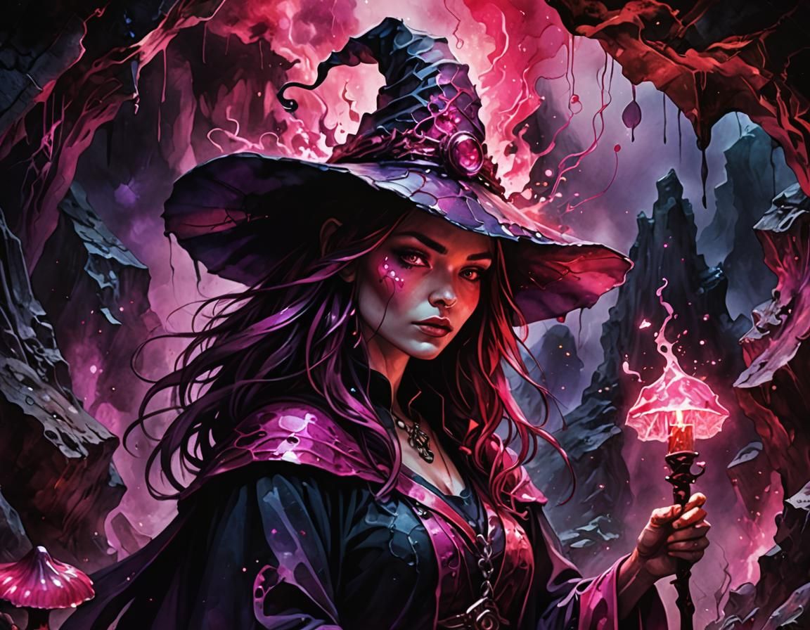 Sorceress Casting Spell in Alcohol Ink Style