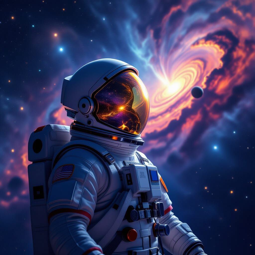 Astronaut Adrift in Cosmic Panorama, Hyperrealistic Space Ar...