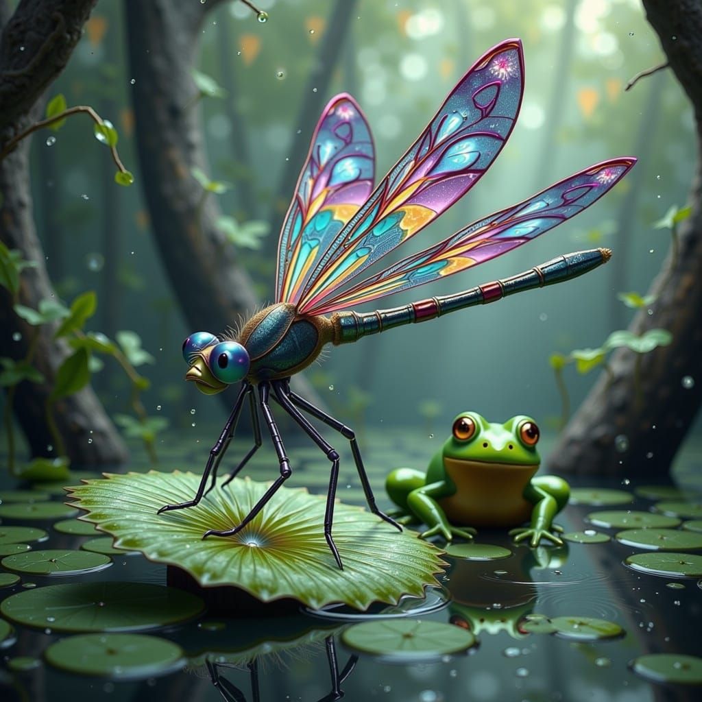 Mystical Swamp Scene with Iridescent Dragonfly and Frog