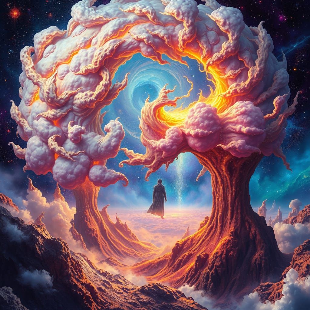 Surreal Cosmic Transformation in Vibrant Dreamscape