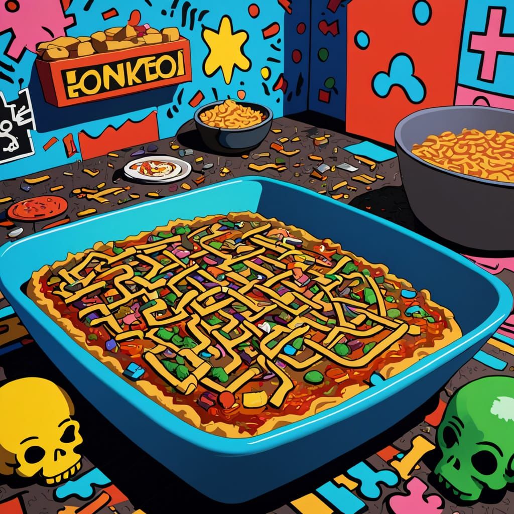 Vibrant Pixel Art Food Coma in Haring/Banksy Style
