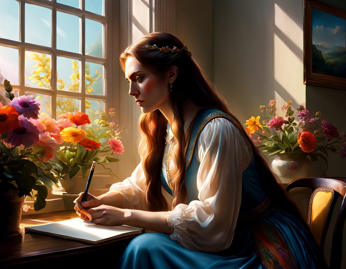 Nordic Woman Sketching: Whimsical Realism in Watercolor