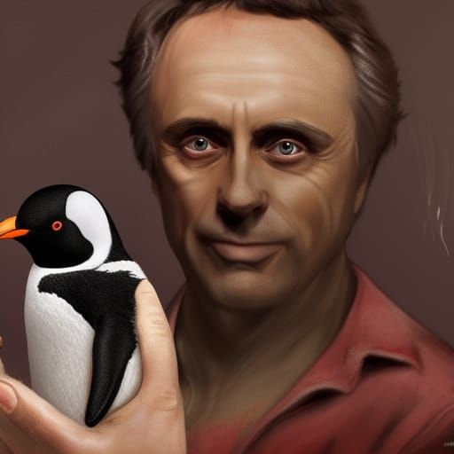Ted Bundy happy holding a penguin