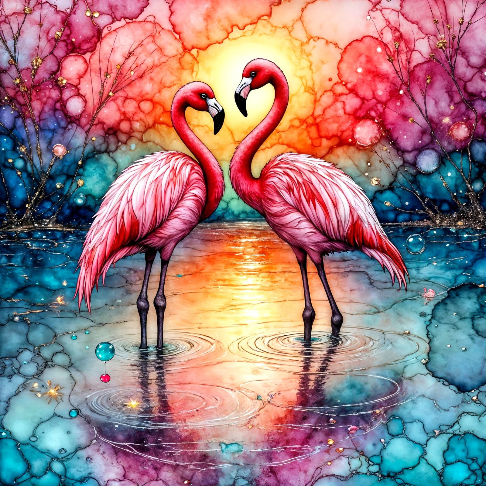 Flamingos in Sparkling Lagoon at Sunset