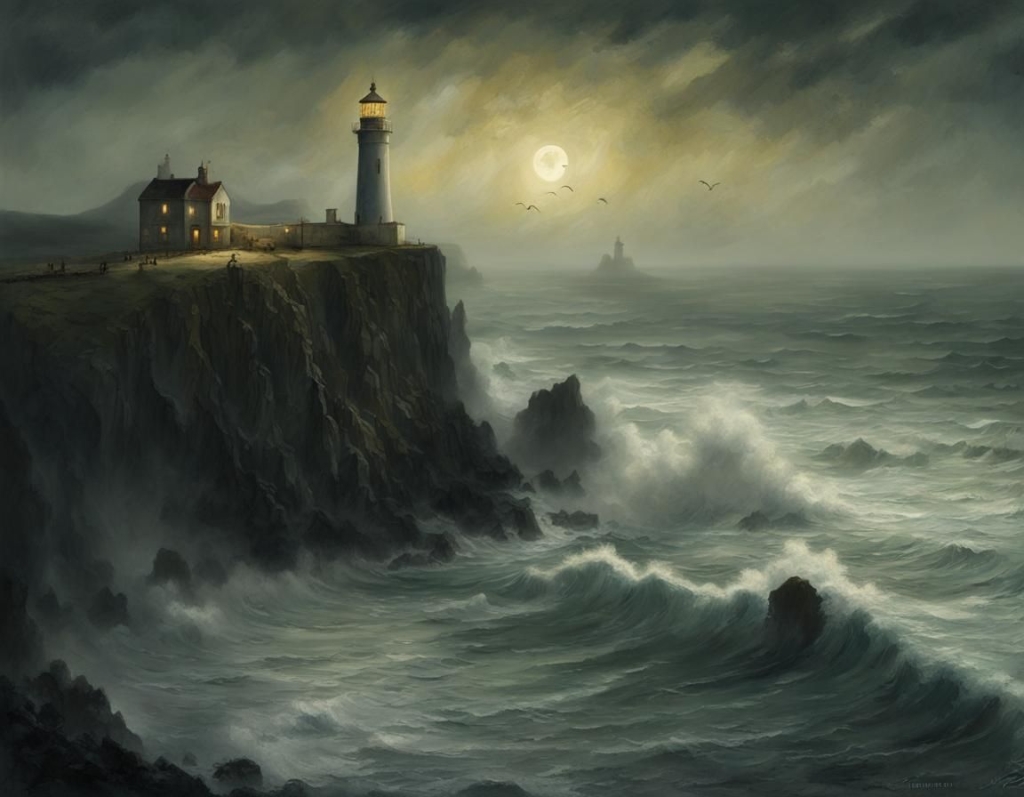 Lighthouse on Melancholic Coastline, Impressionist Painting