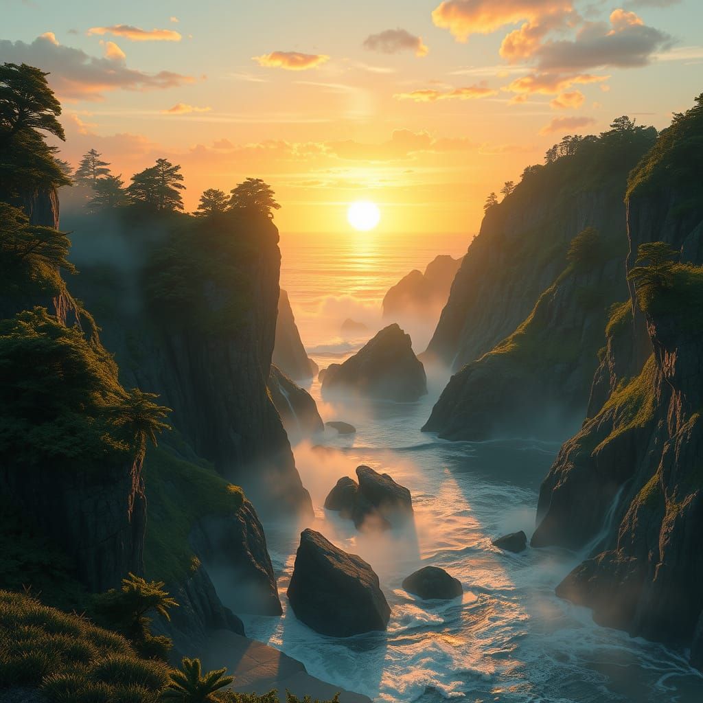 Mystical Pacific Coast Landscape at Sunset