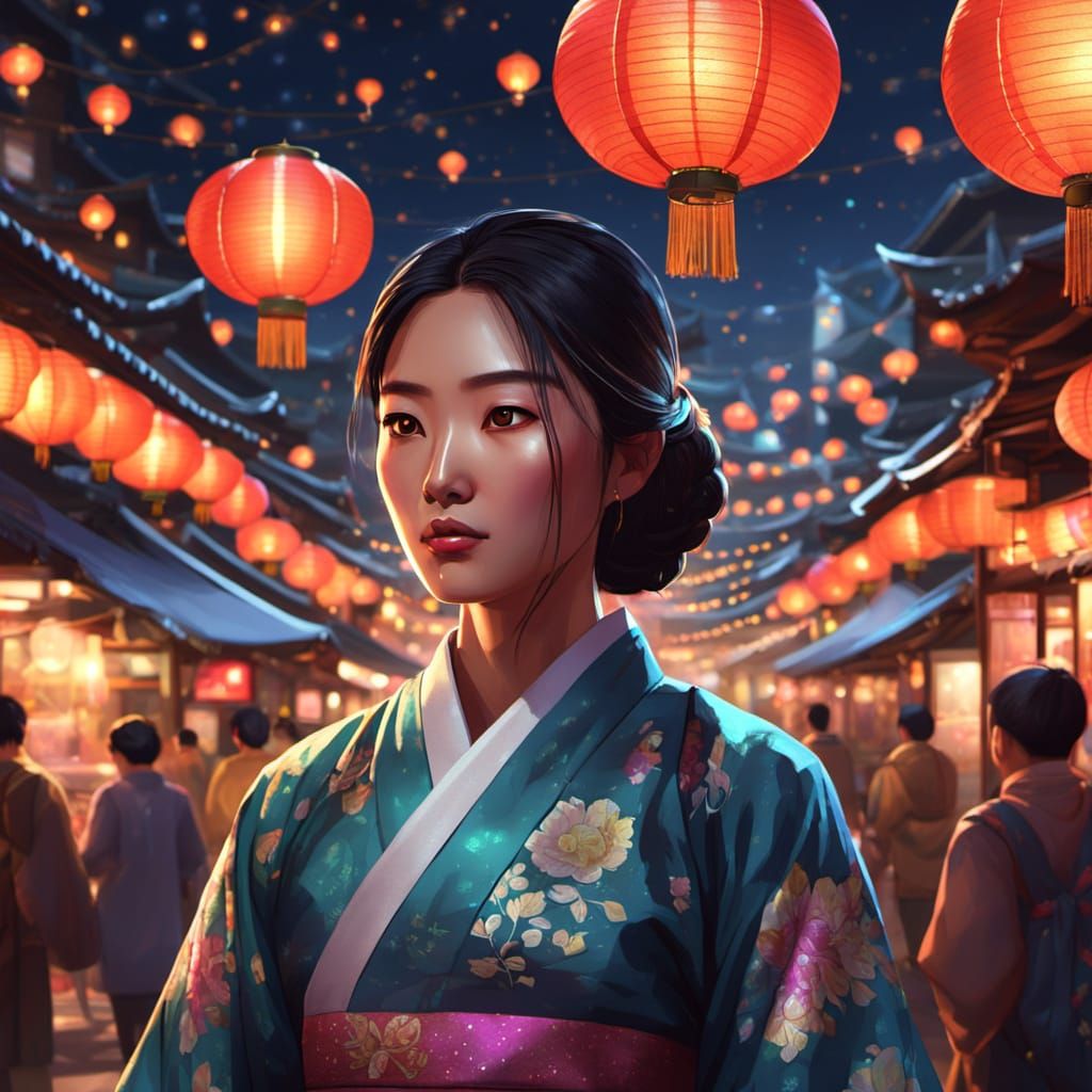 Asian Woman in Hanbok at Vibrant Night Market