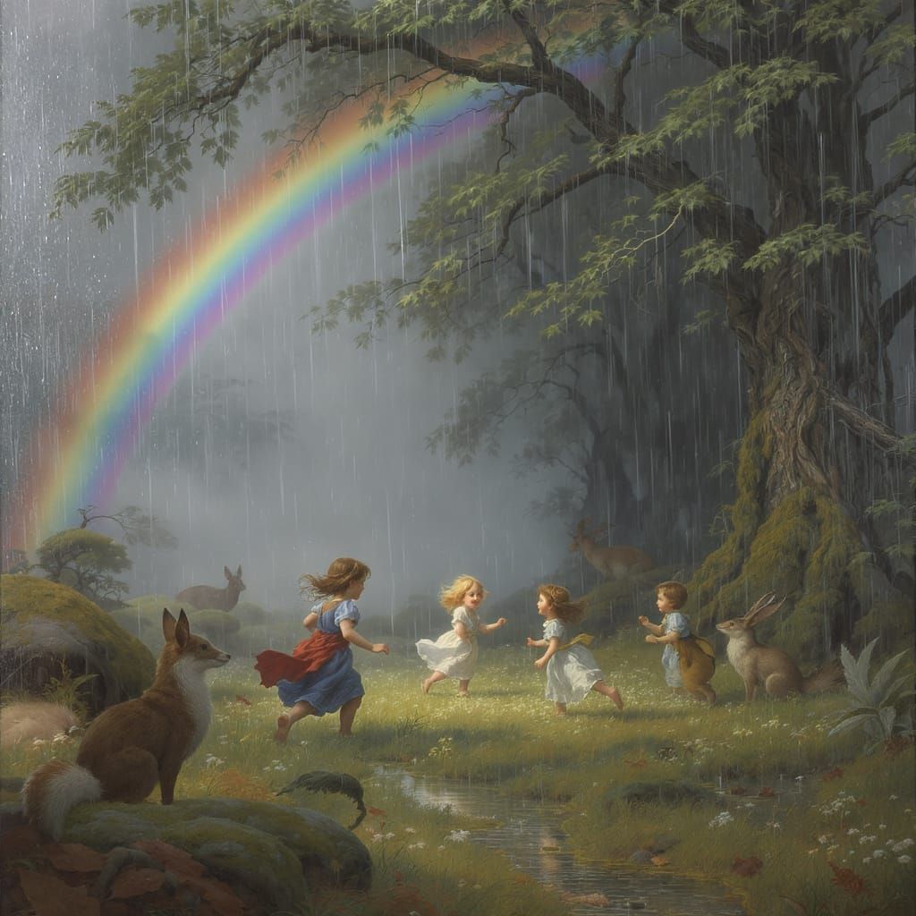Children's Joyful Play in Rainy Meadow: Fantasy Art