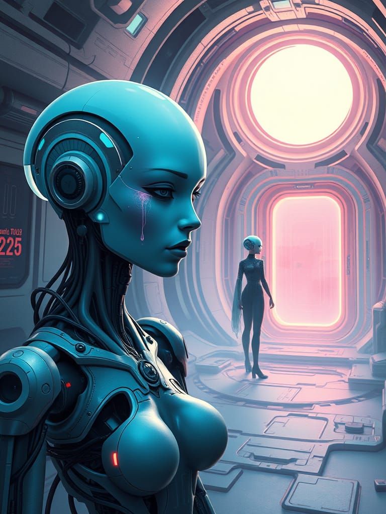 Androids in Dreamlike Sci-Fi Portal Scene