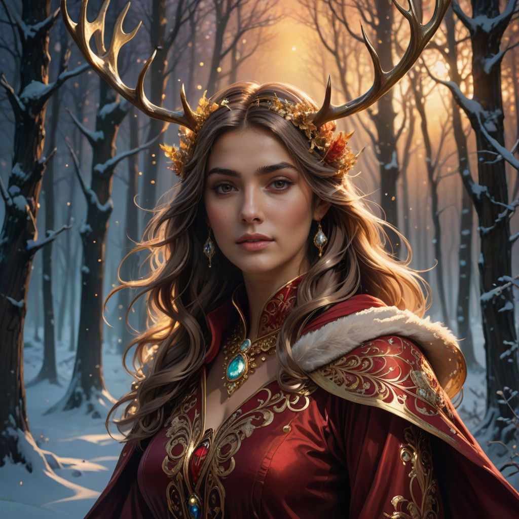 A graceful anthropomorphic Rangifer tarandus, with a velvety light brown coat and delicate antlers adorned with frosted ...