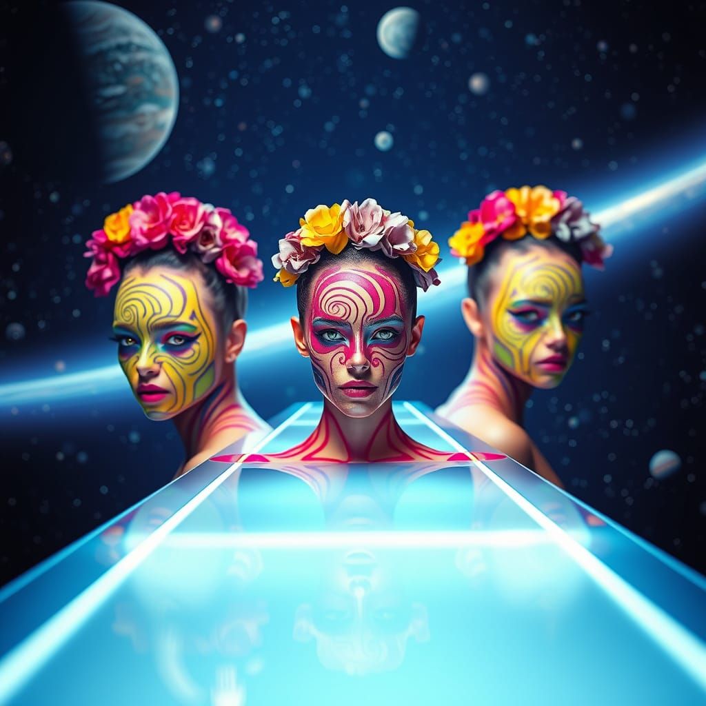 Surreal Fashion Models in Space with Flower Crowns
