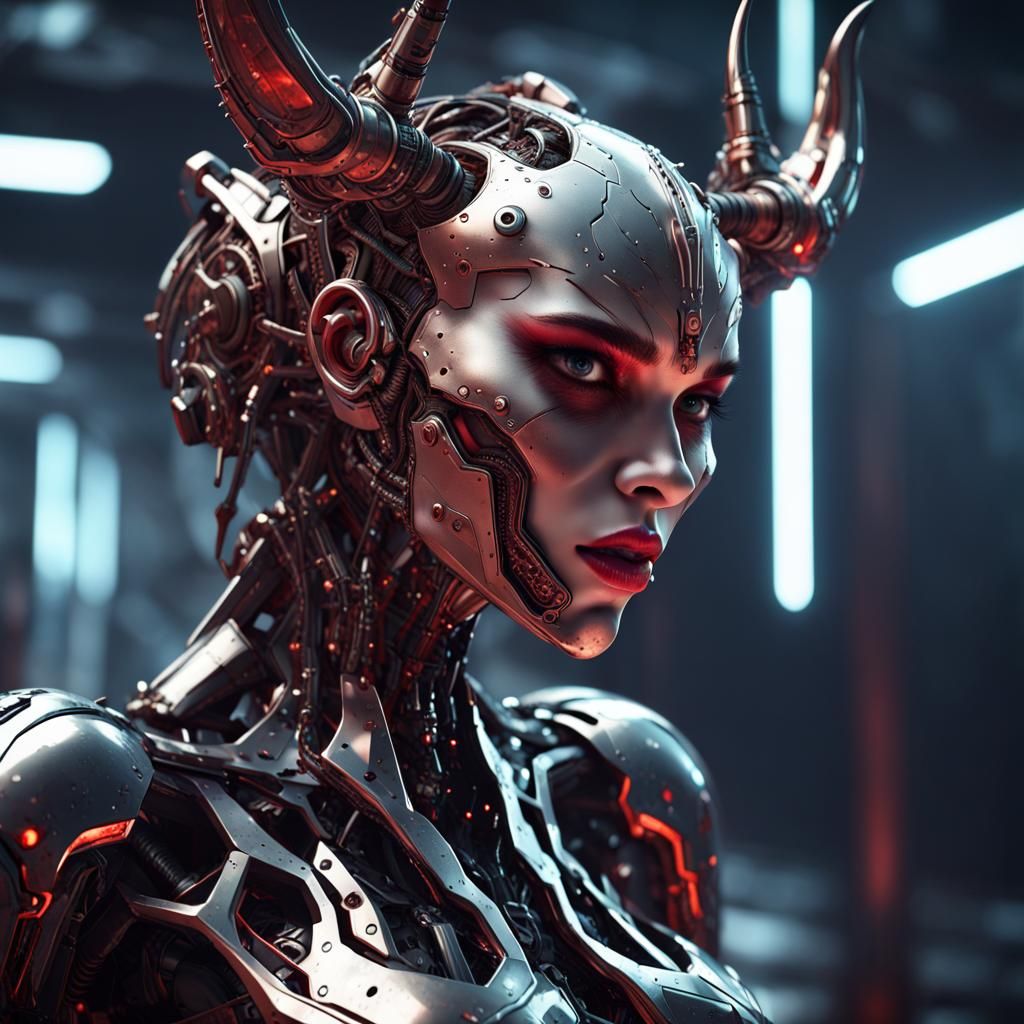 Attractive Demon Woman with Mech Details in Sci-Fi Style