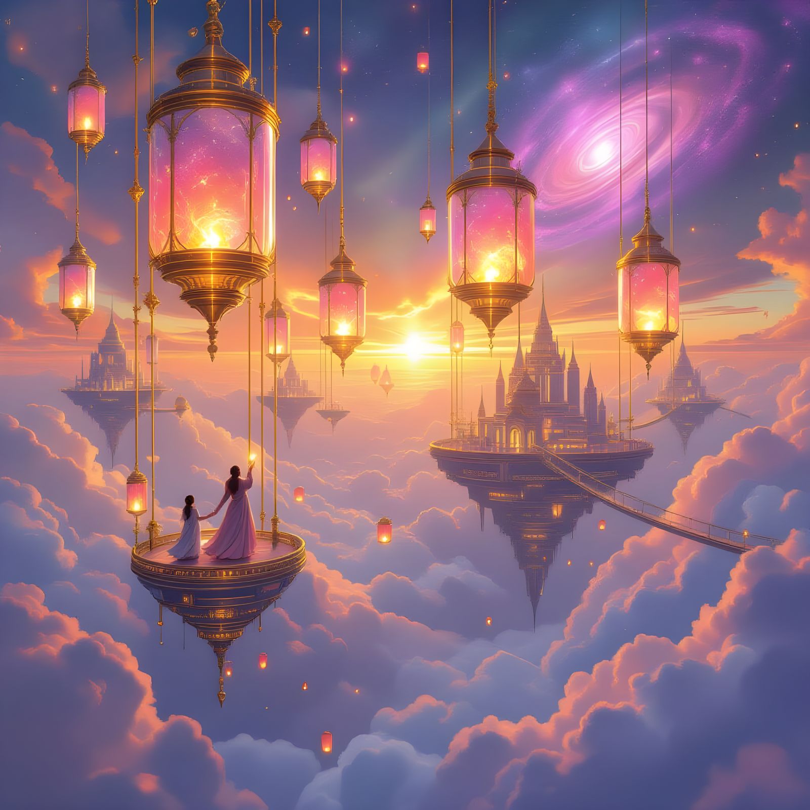 Floating City in Clouds: Painterly Fantasy Architecture