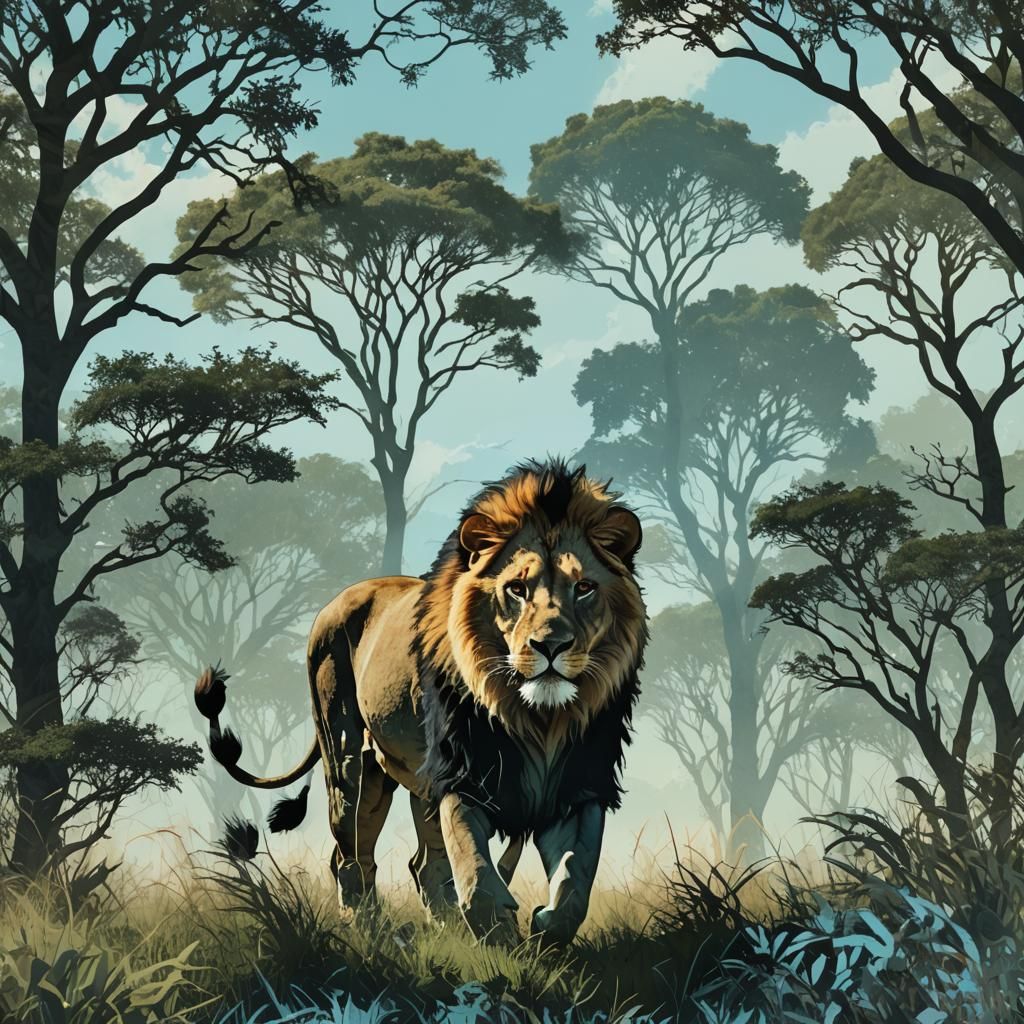 Lion Silhouette Double Exposure: Savannah and Forest