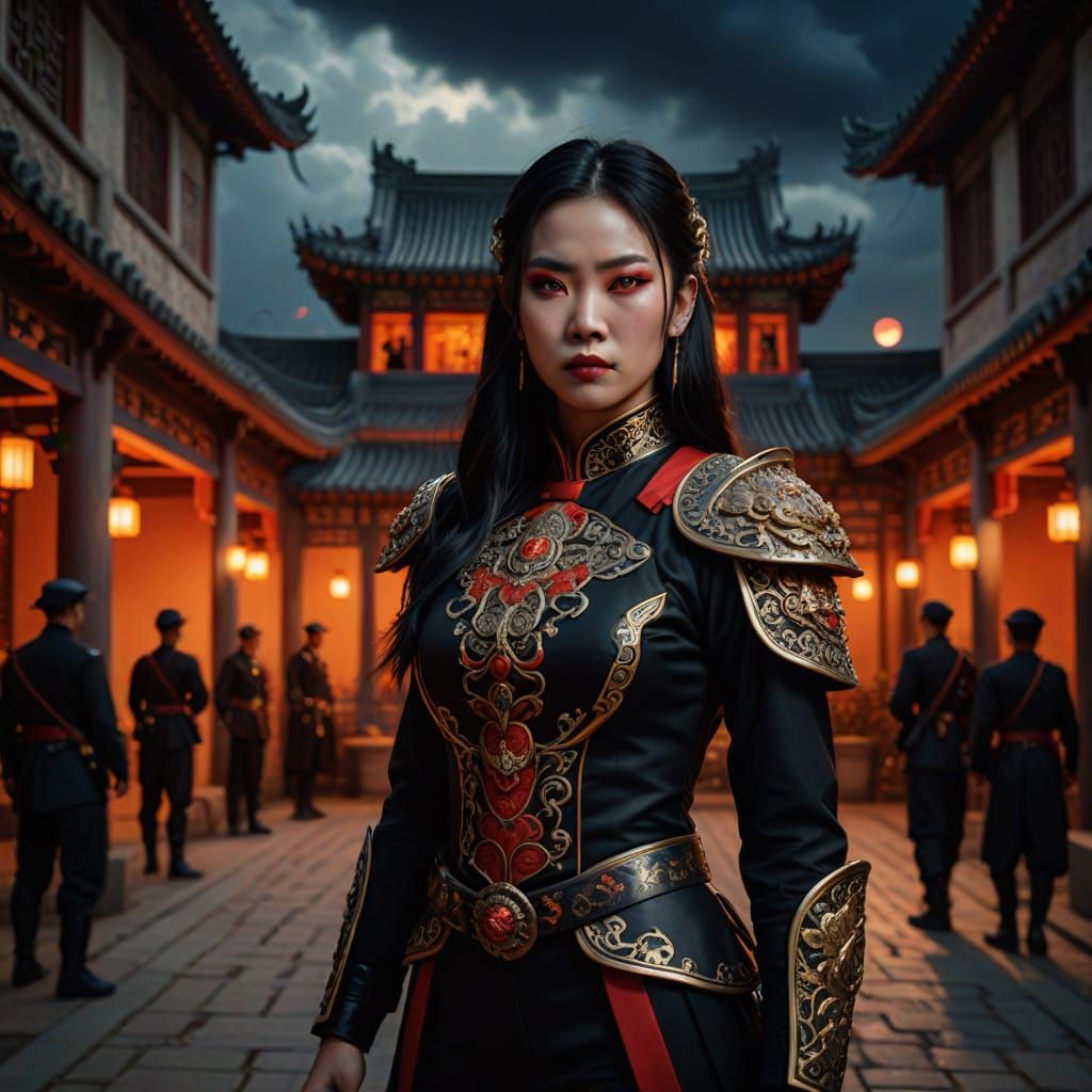 Chinese Vampire with Glowing Eyes in Hyperrealism