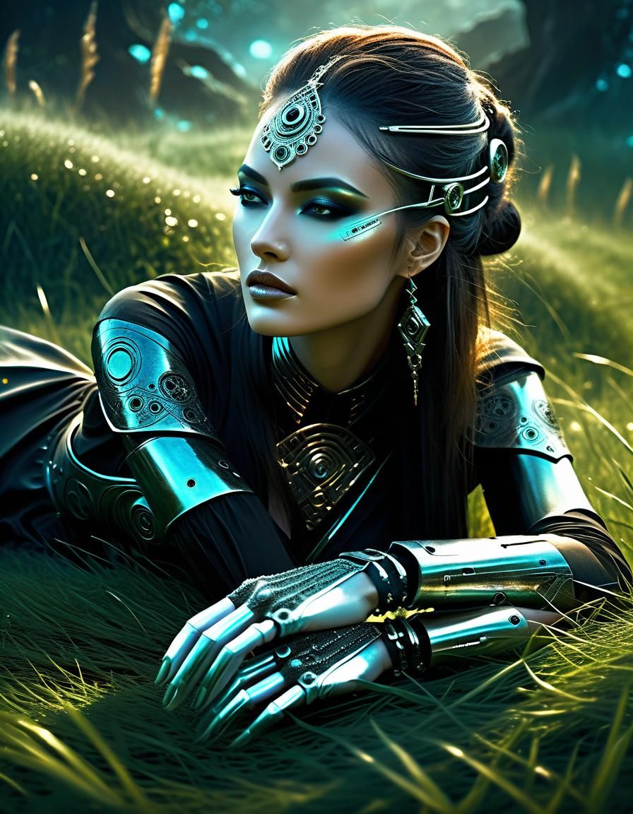 Cybernetic Girl in Dark Fantasy, Karol Bak Art Style