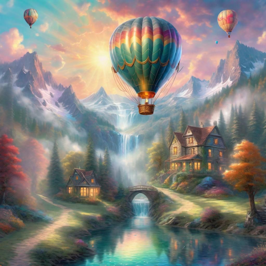 Hot Air Balloon over Mountainous Fantasy Landscape