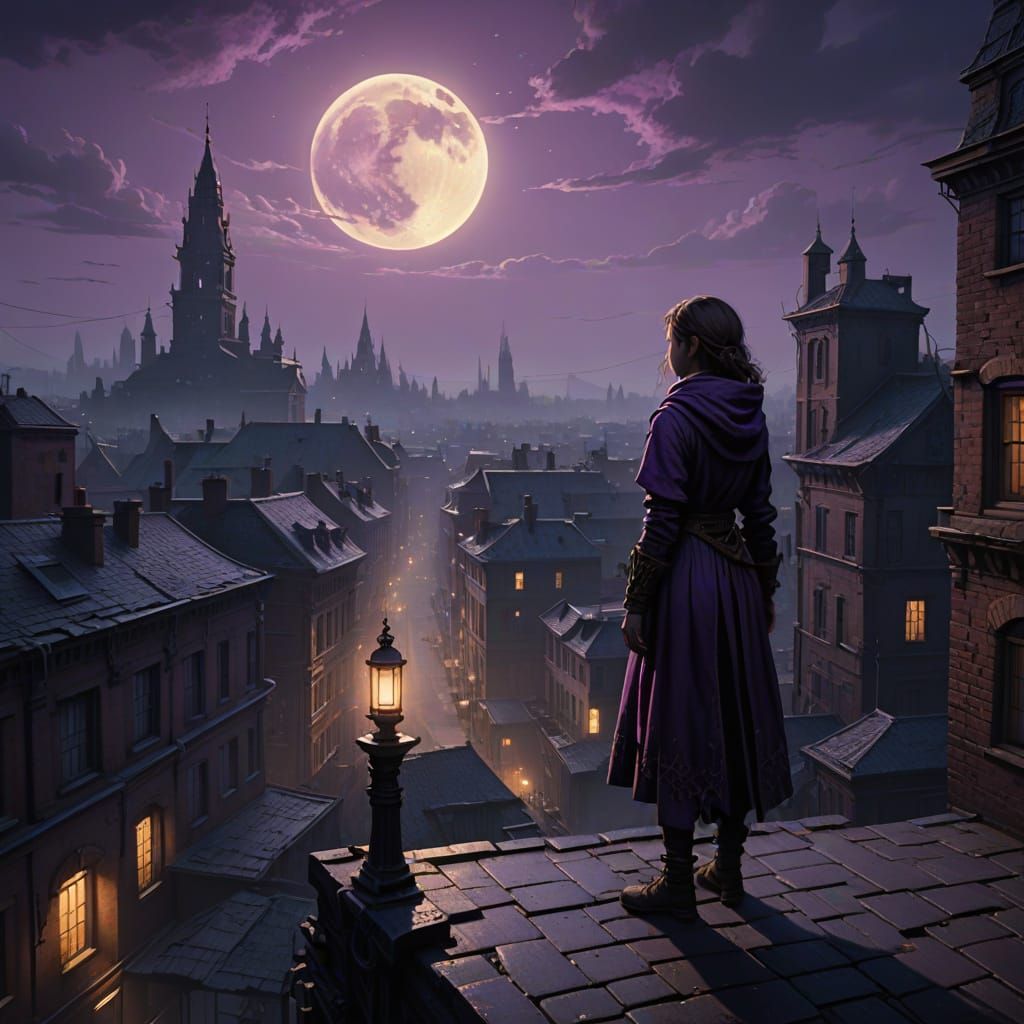 Mysterious Dark Fantasy Figure in Moonlit Rooftop Setting