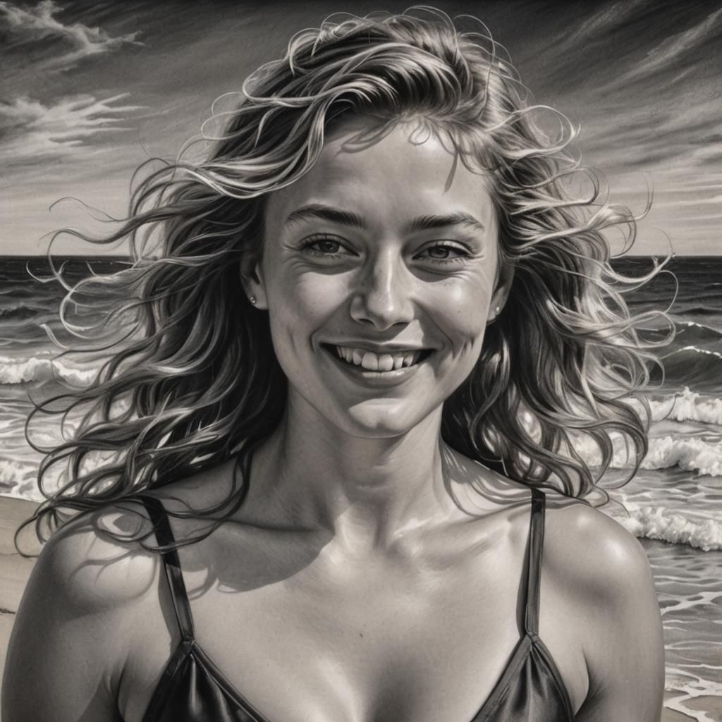 Rubenseque portrait in black and white of beach ready lady