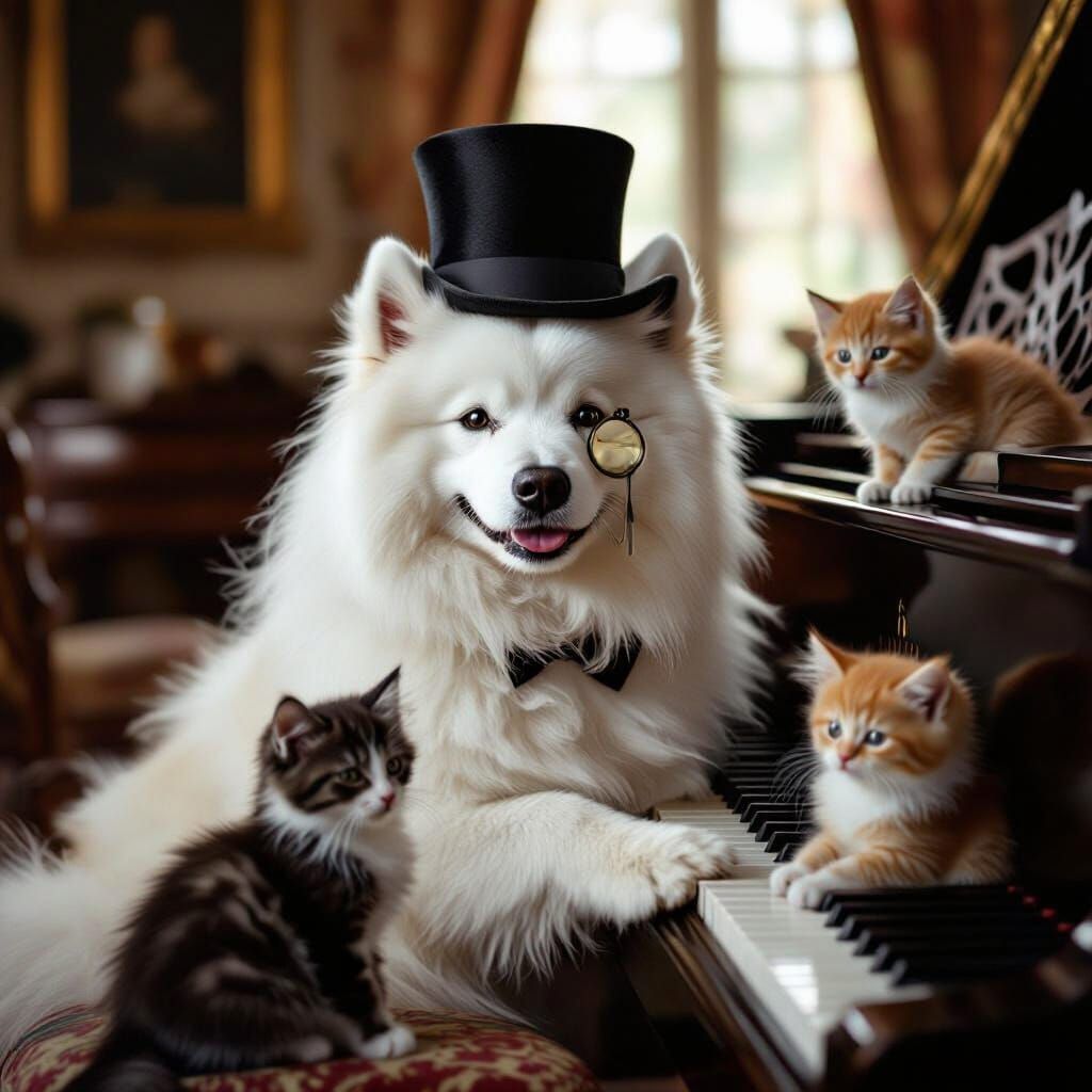 Samoyed Dog at Piano in Black and White