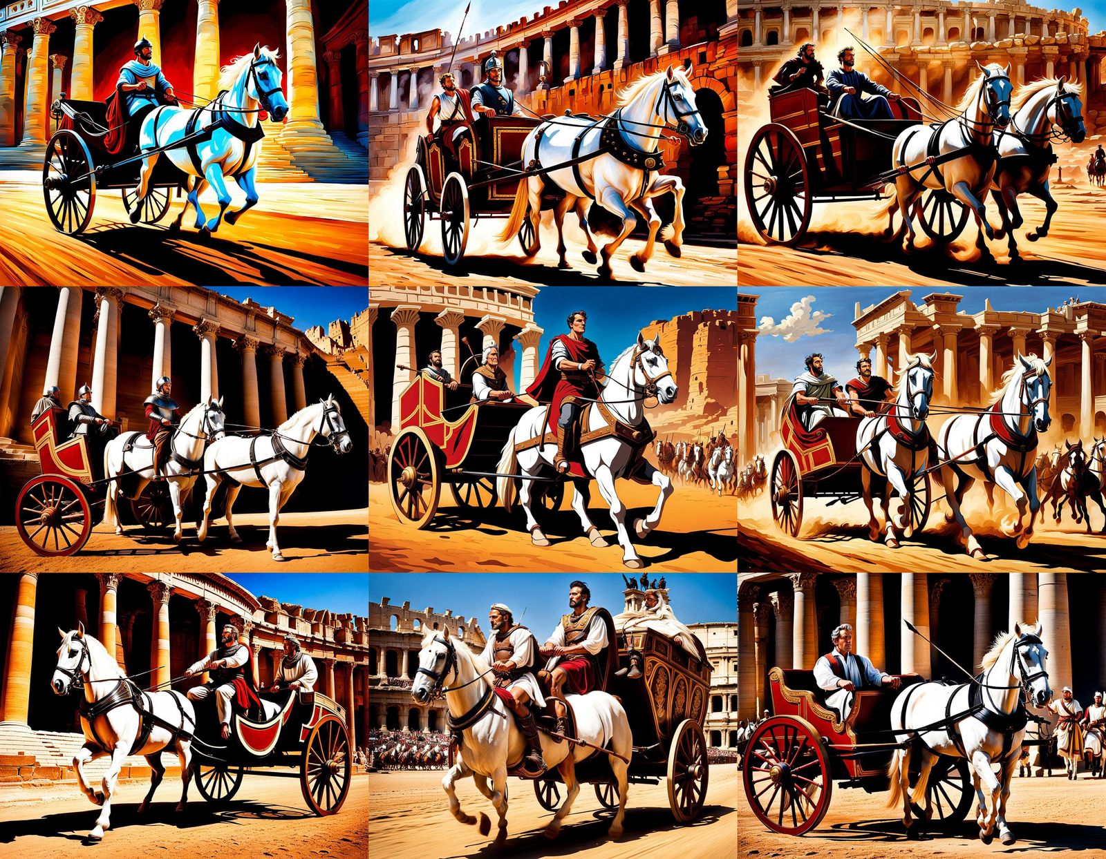 a man riding in a chariot- a four-wheeled carriage with back seats and a coachman's seat.behind the back of a white hors...