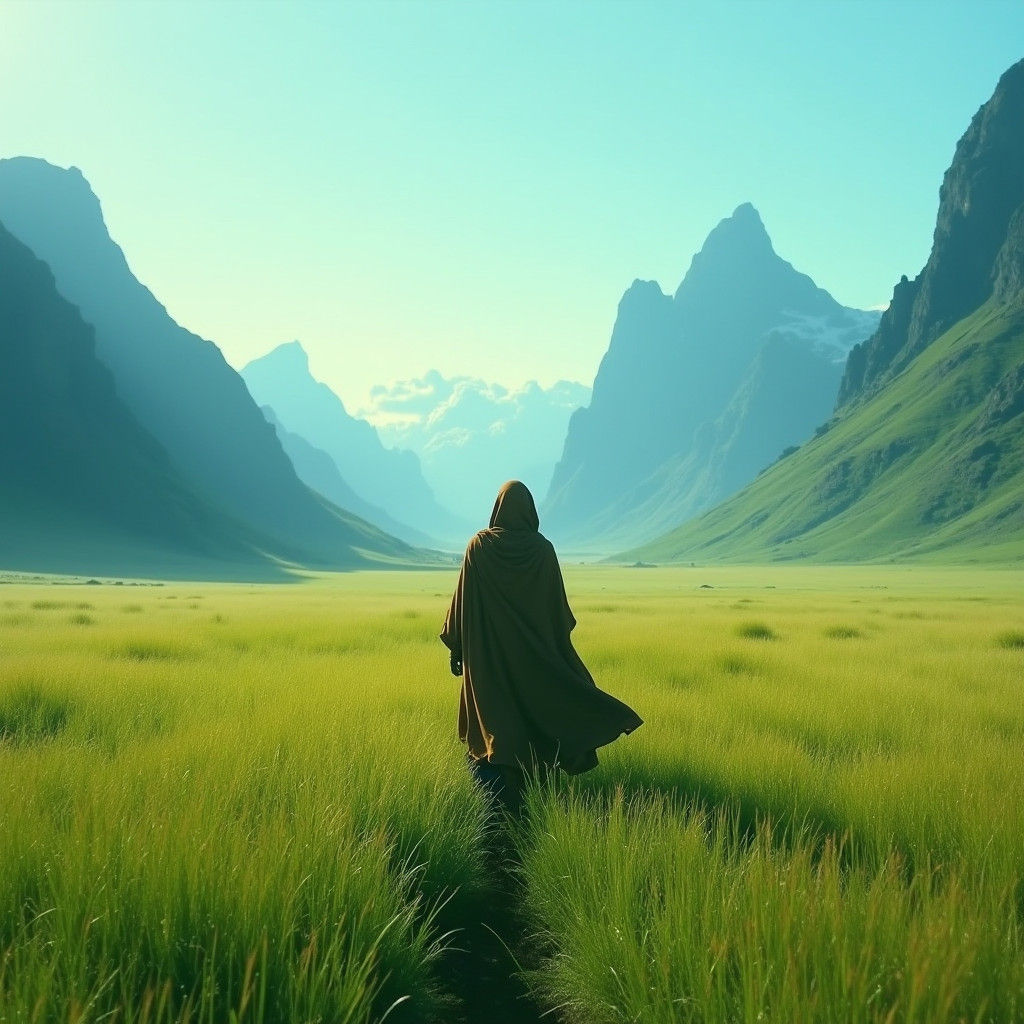 Mysterious Traveler Emerges from Emerald Plain