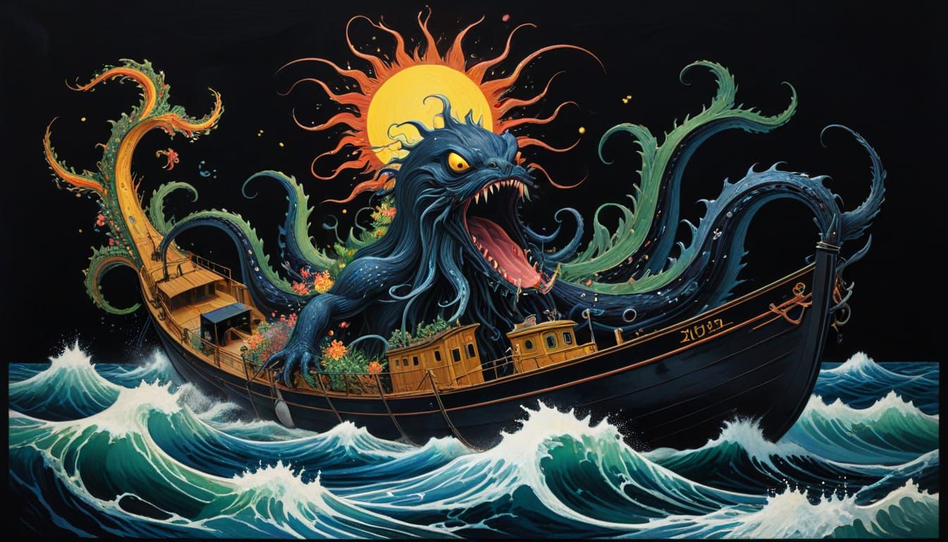 Giant Lovecraftian Monster Crushing Boat
