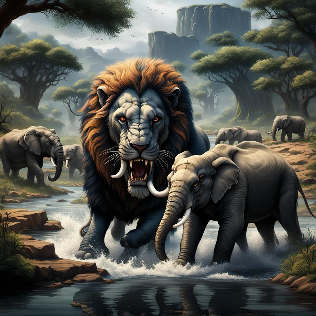 Lion and Elephant River Battle: Fantasy Art