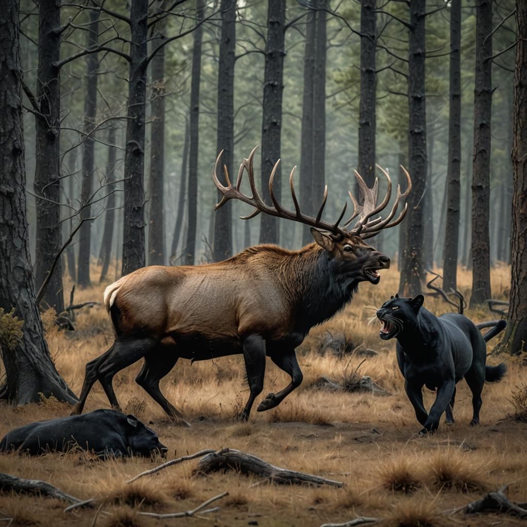 Elk and Panther Fight in Forest Clearing