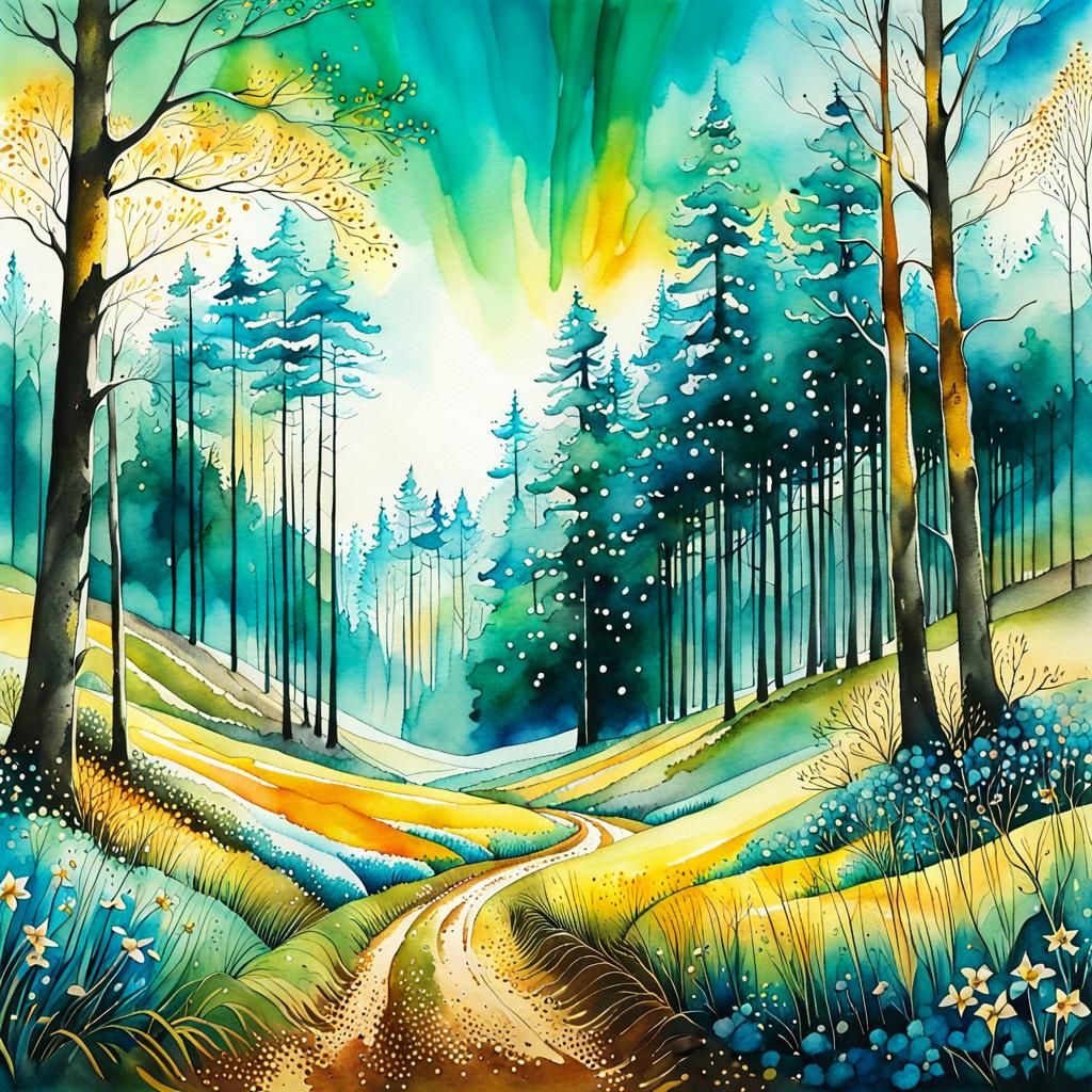 Spring Forest Glen in Watercolor with Golden Ink