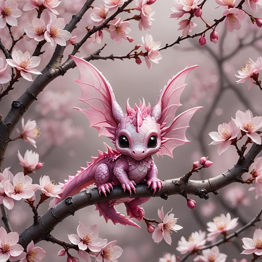Pink Baby Dragon on Sakura Branch