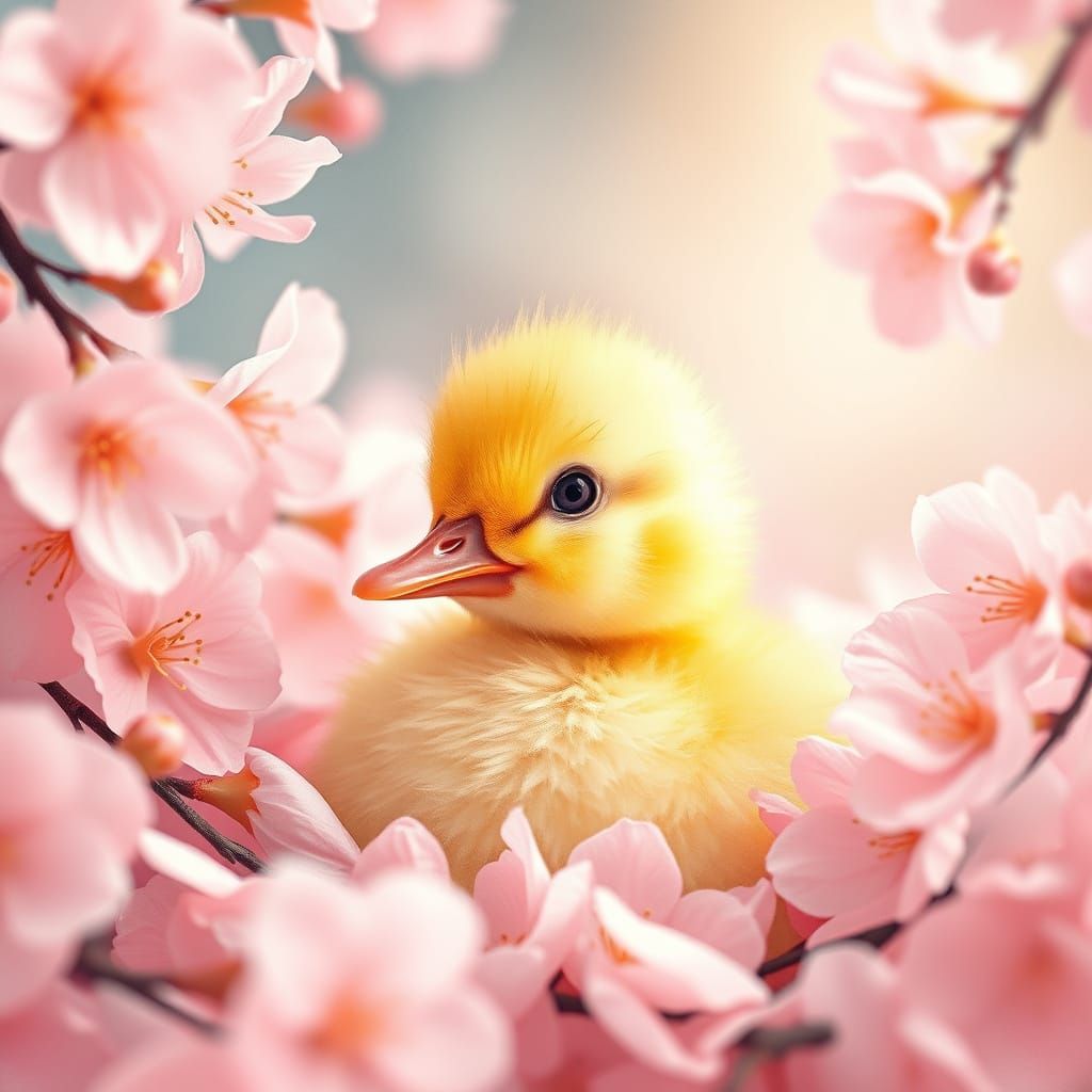 Whimsical Cherry Blossom Duckling in Watercolor Style