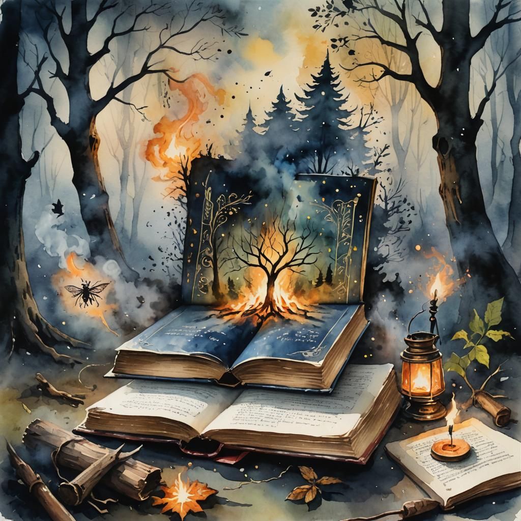 Watercolor Painting of an Old Magic Book