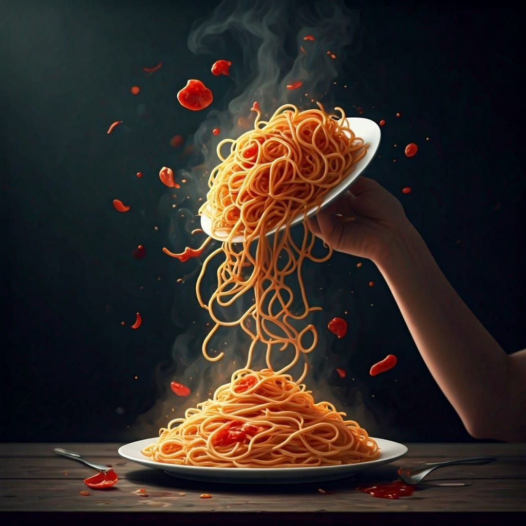 Explosive Spaghetti Food Fight in Digital Art Style