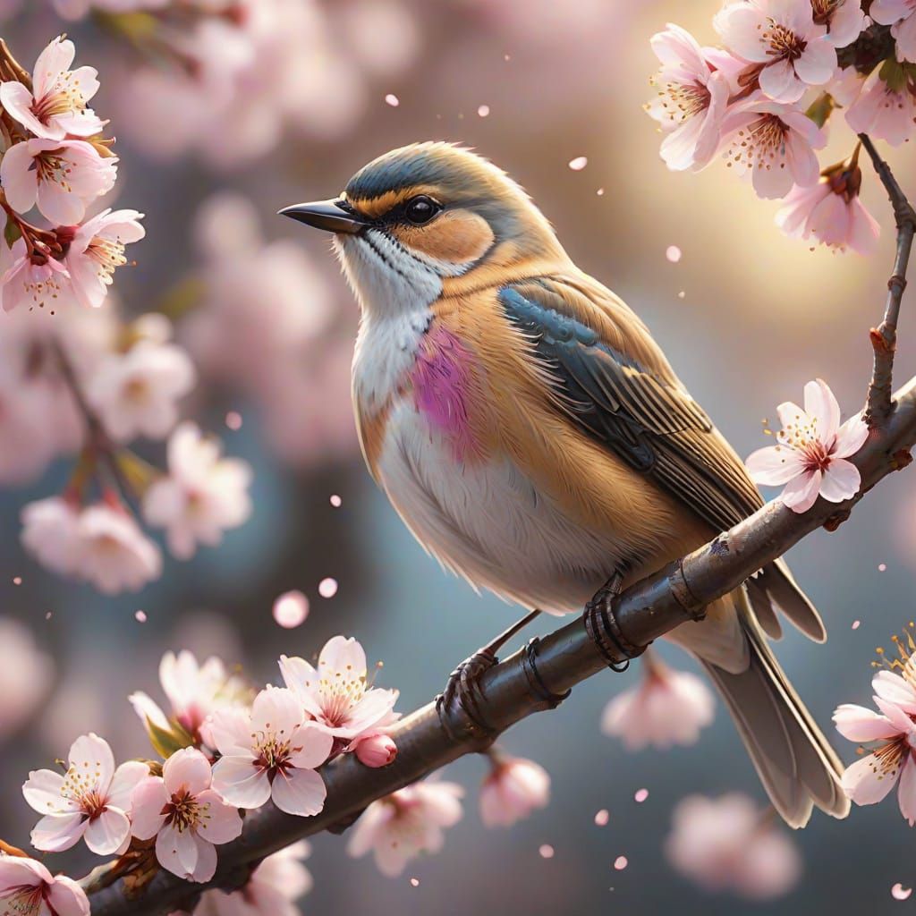Fantasy Bird Perched on Cherry Blossom Branch in Warm Golden...