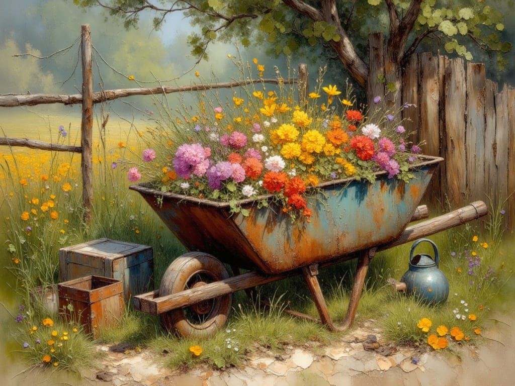 Rustic Wheelbarrow with Flowers as Impasto Oil Painting