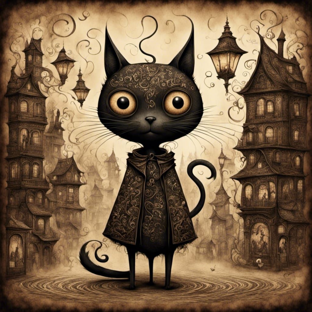 Cyberpunk Black Cat in Smoky Cityscape