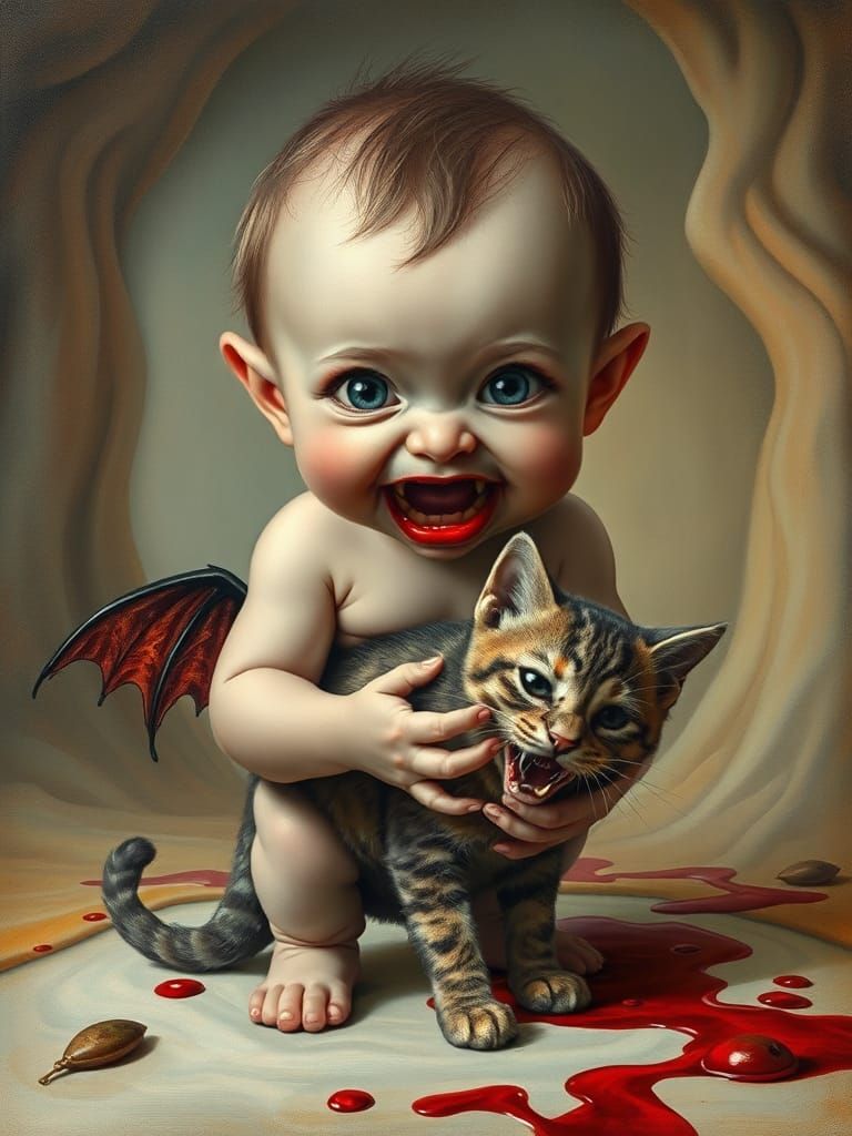 Cherubic Vampire Baby with Cat in Surreal Dreamscape