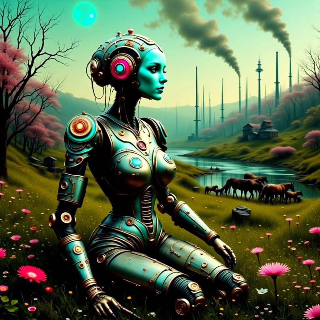 Futuristic Robot Sitting in a Field