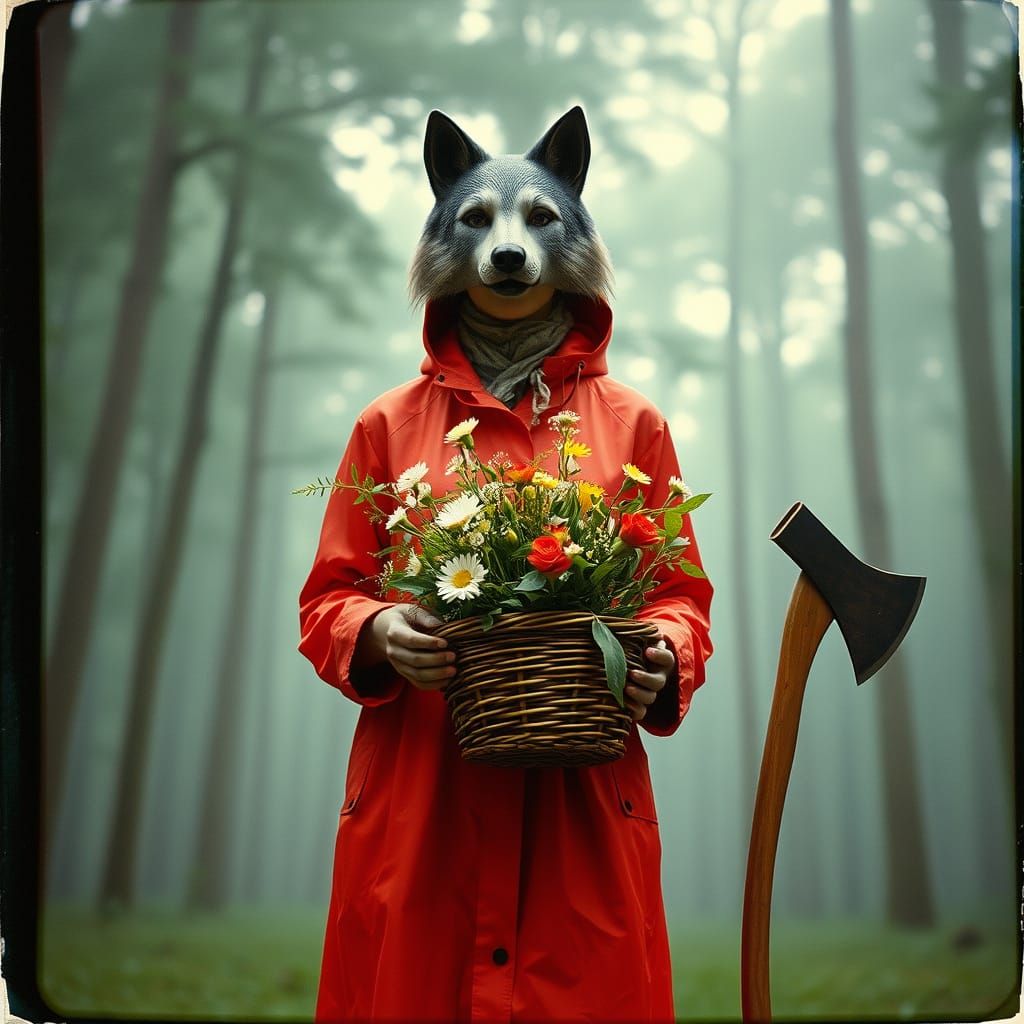 Woman in Red Raincoat, Wolf Mask, and Flowers in a Misty For...