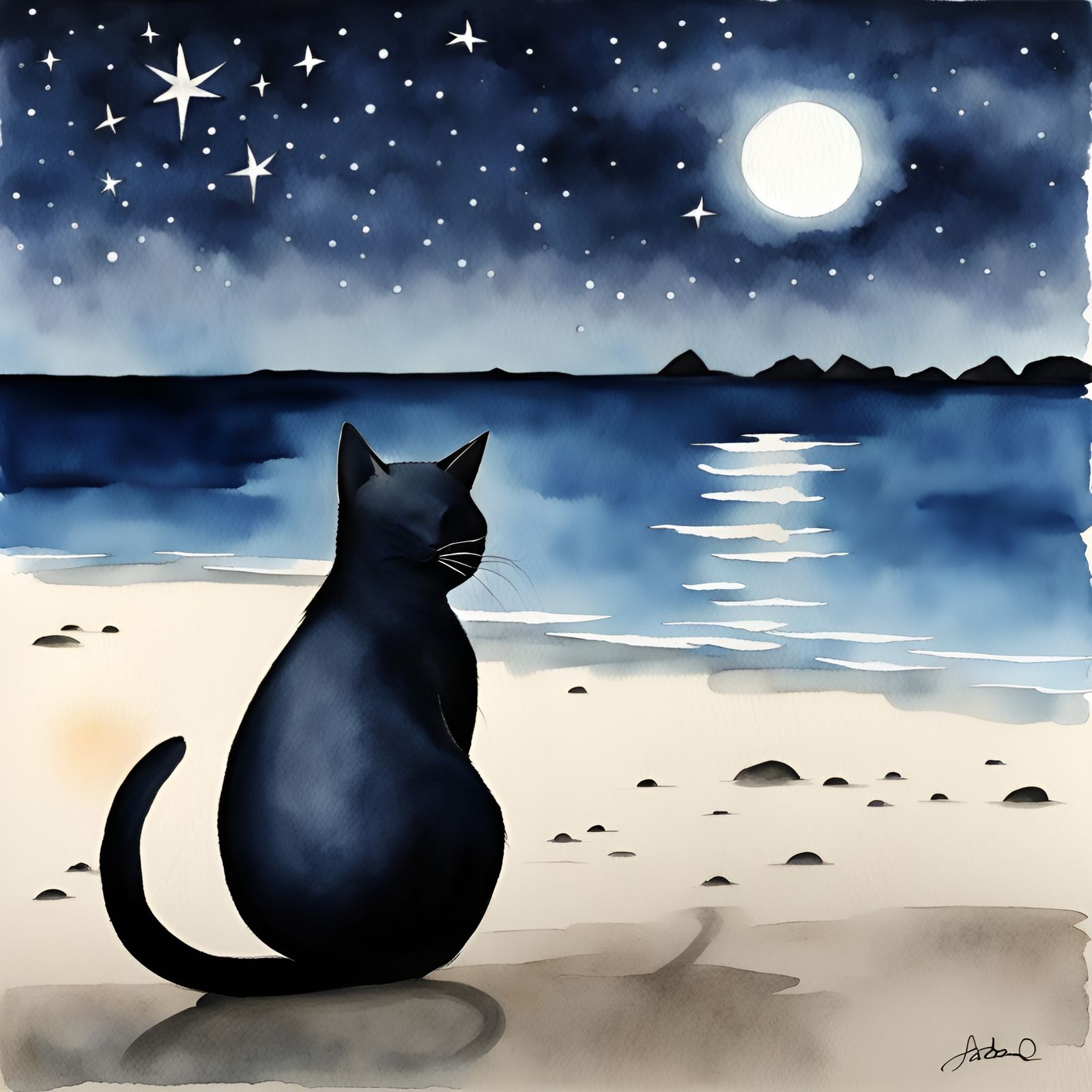 Solitary Black Cat Under a Starry Sky