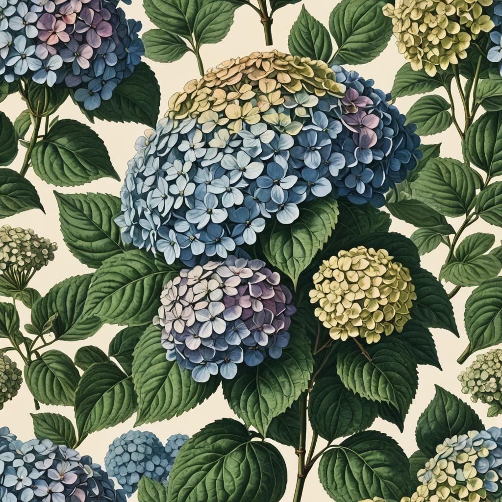 Antique Botanical Engraving of a Colorful Hydrangea