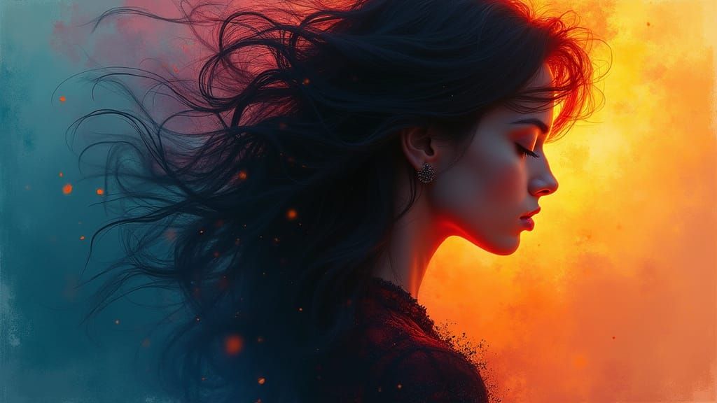 Abstract Portrait of an Enigmatic Woman in Vibrant Orange an...