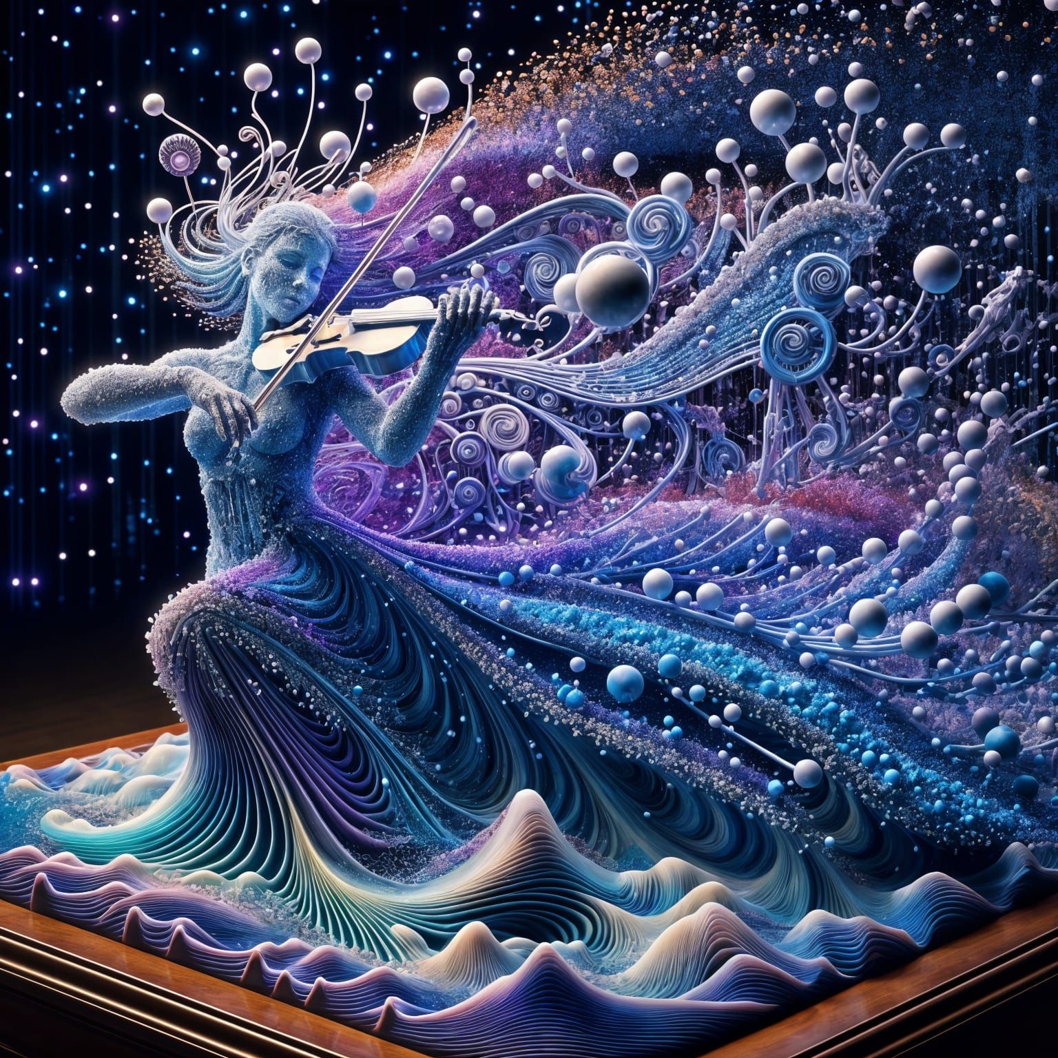 Cosmic Violinist in Whirling Sandgraphy Landscape