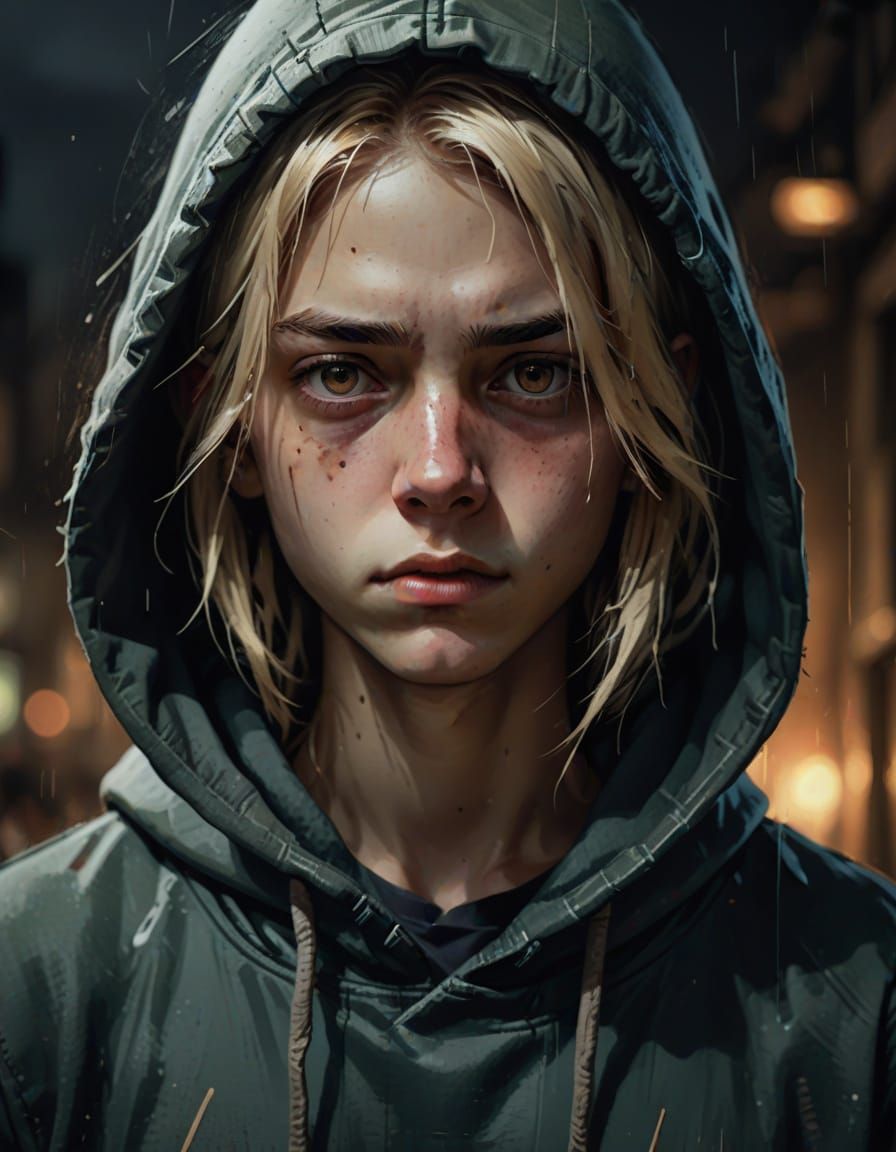 Haunting Teenage Portrayal in Moody Brushstrokes